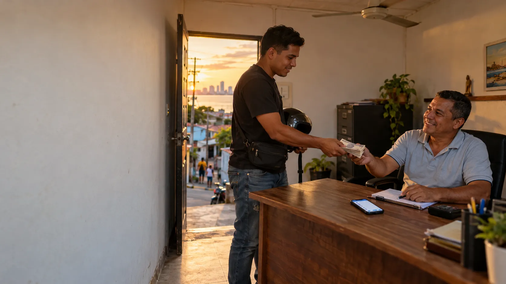 El dueño de una oficina de cobro recibe la plata del día de manos de su cobrador