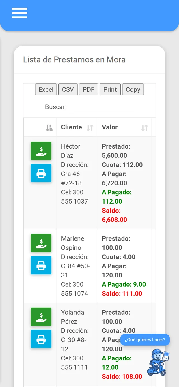 Pantalla Cobros en mora de PagAppDiario