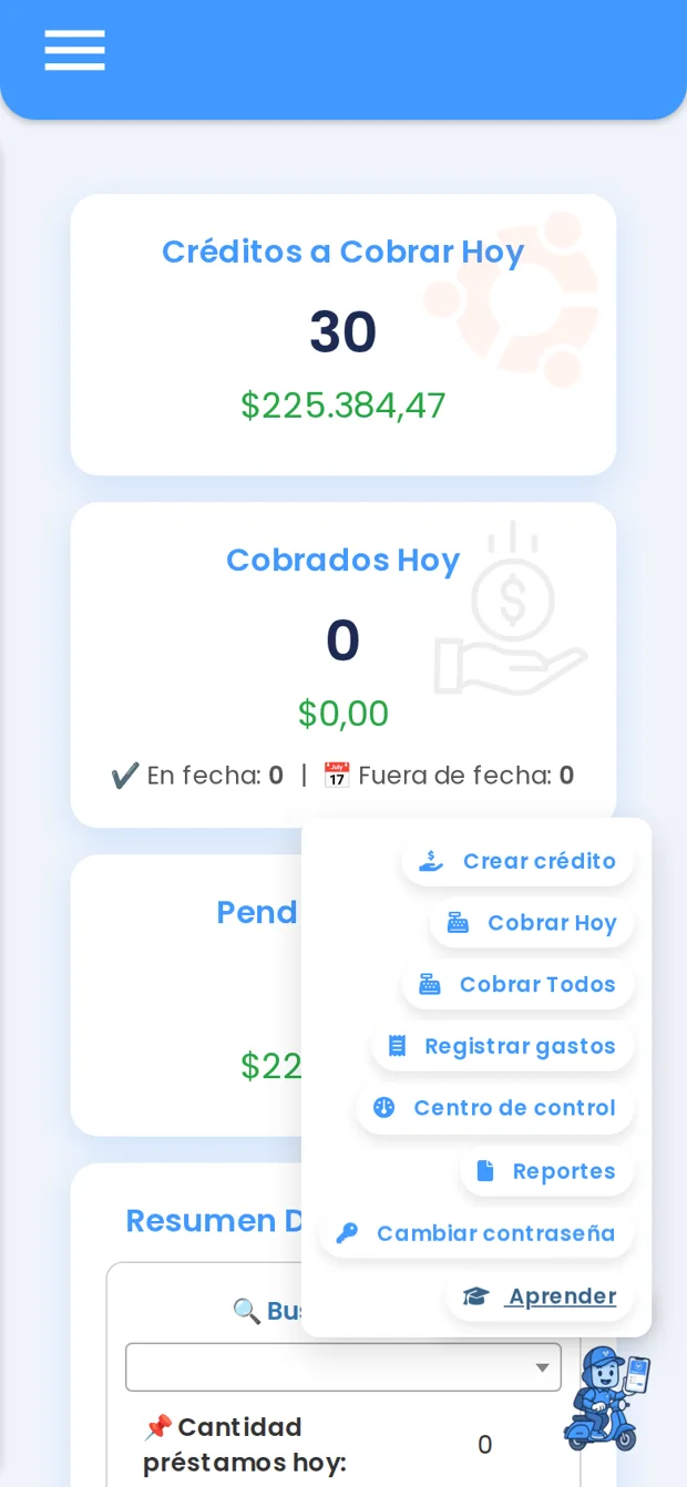 Menú de accesos rápidos del asistente Pagy